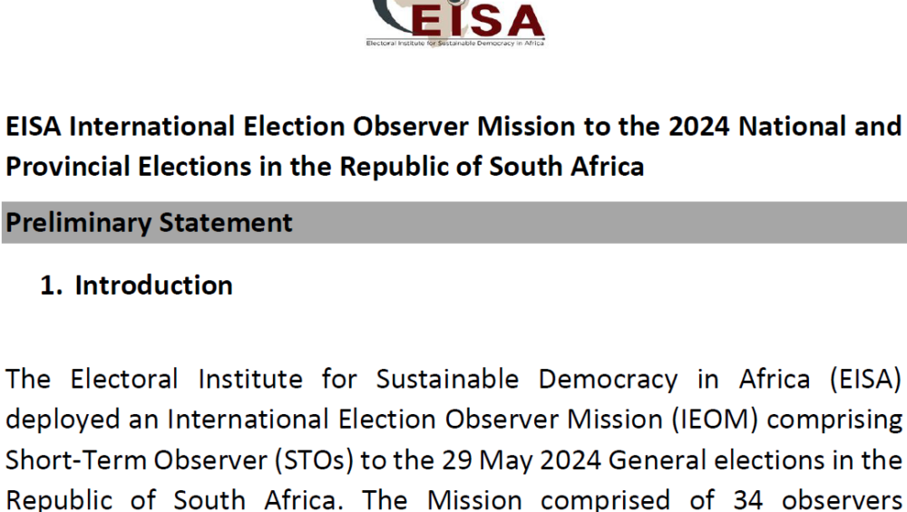 Preliminary Statement: EISA International Election Observer Mission to the 2024 National and Provincial Elections in the Republic of South Africa 7 2024 preliminary statement eom south africa eisa transparent democratic governance in africa